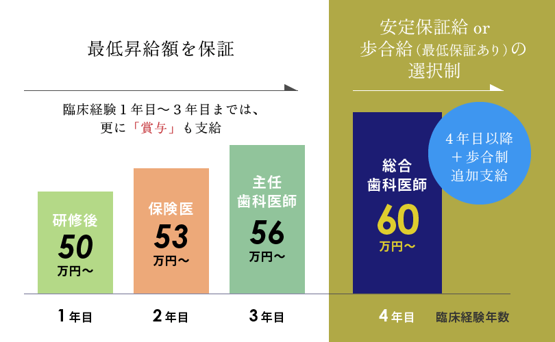 臨床経験１～３年目までは最低昇給額を保証、臨床経験４年目以降は安定保証給の他、追加支給の歩合制